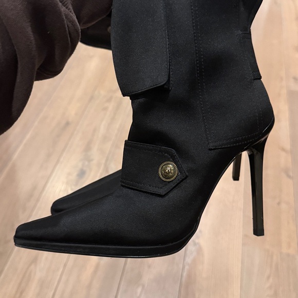 Jeffrey Campbell Pocketed Black Satin Stiletto Heel Embellished Pointed Boot - Picture 3 of 4